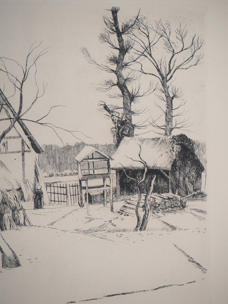 Eugène CORNEAU : Ferme sous la neige, Gravure originale signée