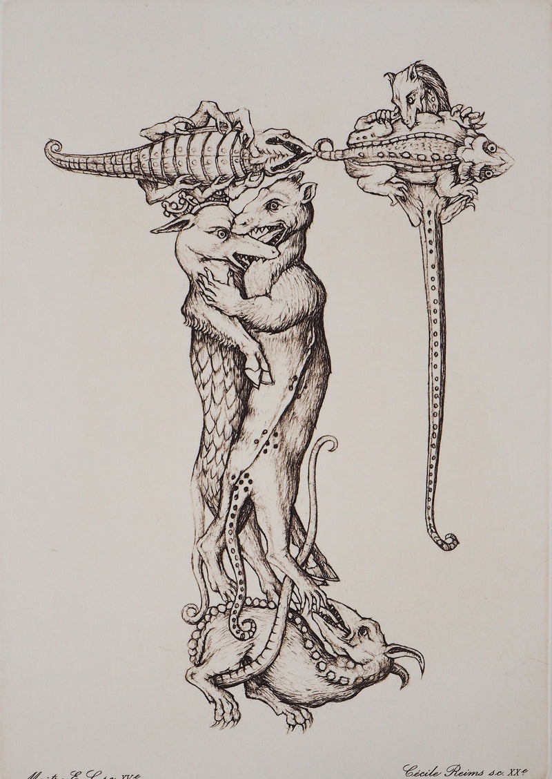 Cécile REIMS : Les rats qui s’entre-dévorent, R, Gravure originale signée