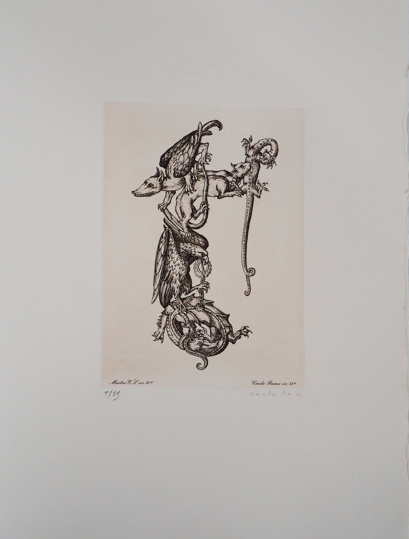 Cécile REIMS : Chaîne animale, T, Gravure originale signée