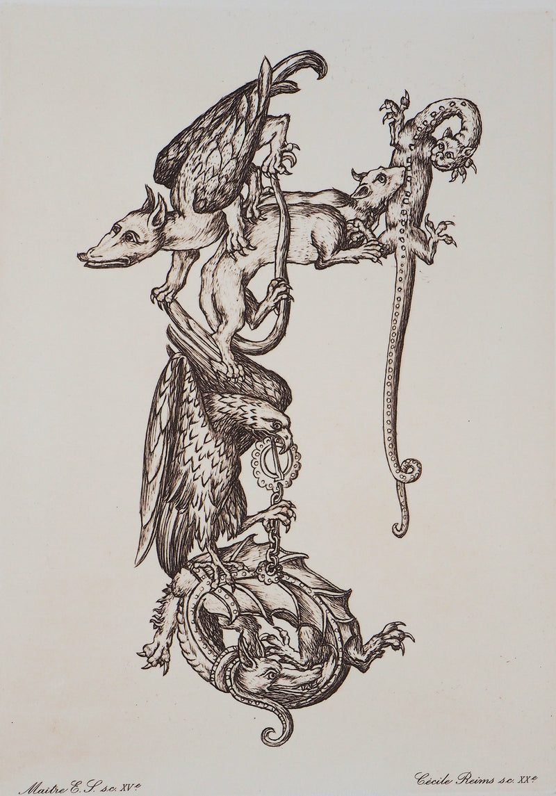 Cécile REIMS : Chaîne animale, T, Gravure originale signée