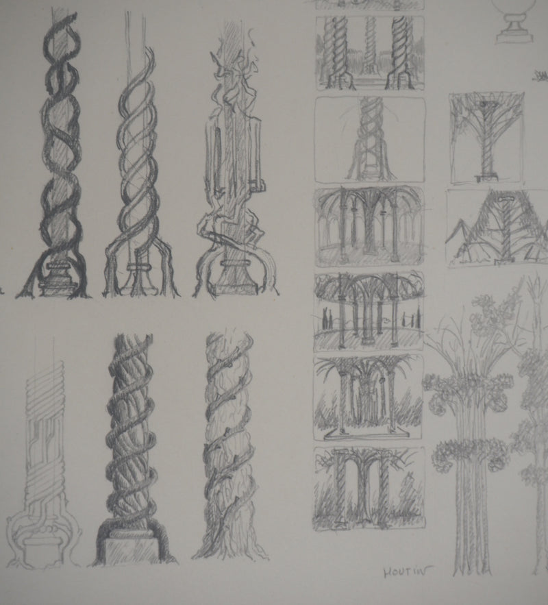 François HOUTIN : Les colonnes, Dessin original signé