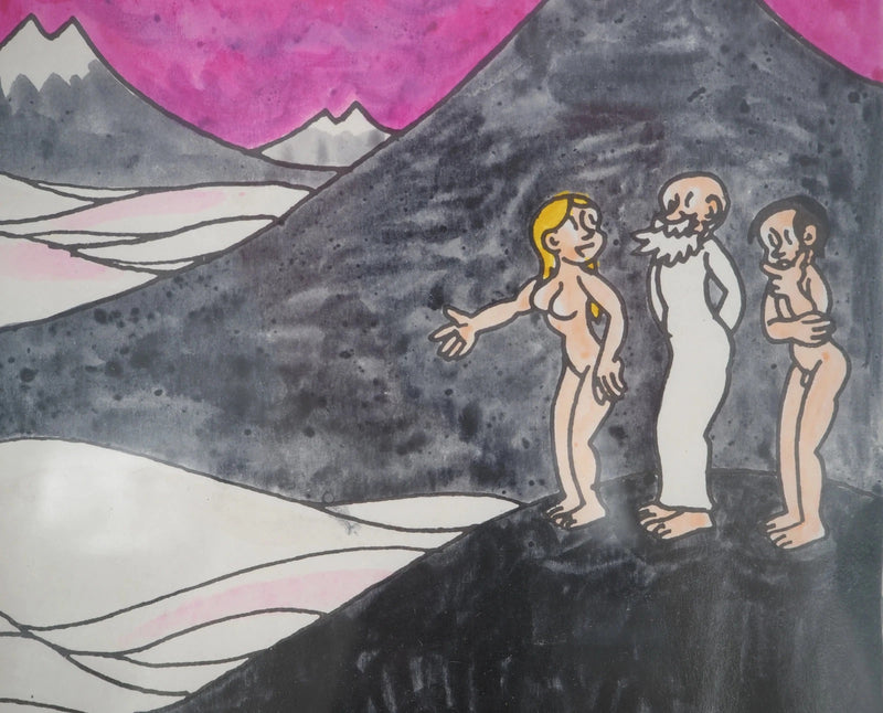 Jean EFFEL : Adam et Eve découvrent la neige, Aquarelle originale signée