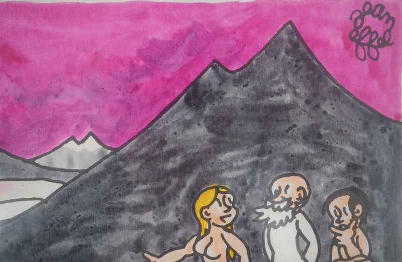 Jean EFFEL : Adam et Eve découvrent la neige, Aquarelle originale signée