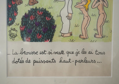 Jean EFFEL : Adam et Eve avec le lion et l'éléphant, Aquarelle originale signée
