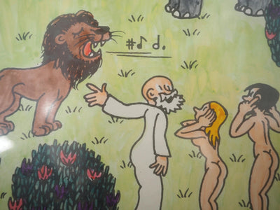 Jean EFFEL : Adam et Eve avec le lion et l'éléphant, Aquarelle originale signée
