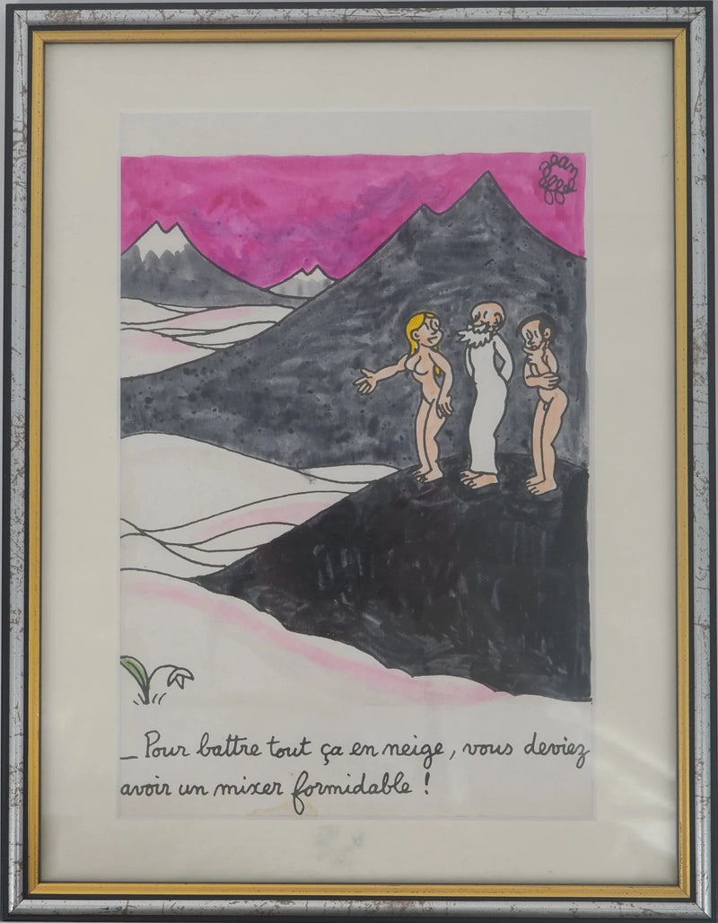 Jean EFFEL : Adam et Eve découvrent la neige, Aquarelle originale signée
