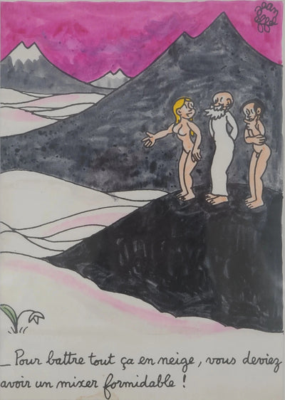Jean EFFEL : Adam et Eve découvrent la neige, Aquarelle originale signée