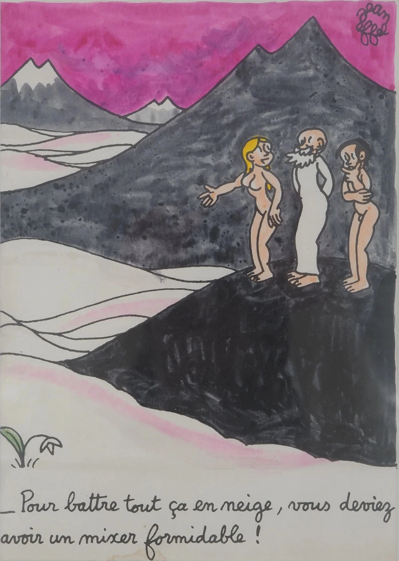 Jean EFFEL : Adam et Eve découvrent la neige, Aquarelle originale signée