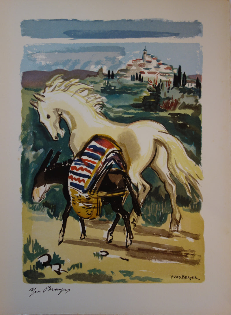 Yves BRAYER : Cheval et âne en Provence, Gravure signée