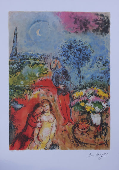 Marc CHAGALL : Les mariés de la tour Eiffel, Lithographie originale (vue générale) - Crédit photo : Galerie Art.Paris