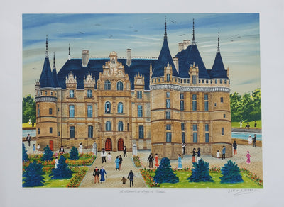 Dan GANDRE : Le château d'Azay le Rideau, Lithographie originale (vue générale) - Crédit photo : Galerie Art.Paris