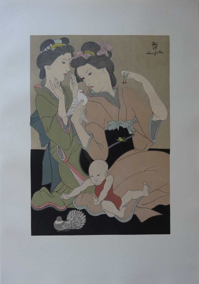 Léonard Tsuguharu FOUJITA : Geishas à la colombe, Gravure originale (vue générale) - Crédit photo : Galerie Art.Paris