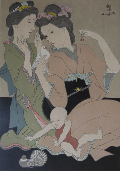 Léonard Tsuguharu FOUJITA : Geishas à la colombe, Gravure originale (photo de détail 2) - Crédit photo : Galerie Art.Paris