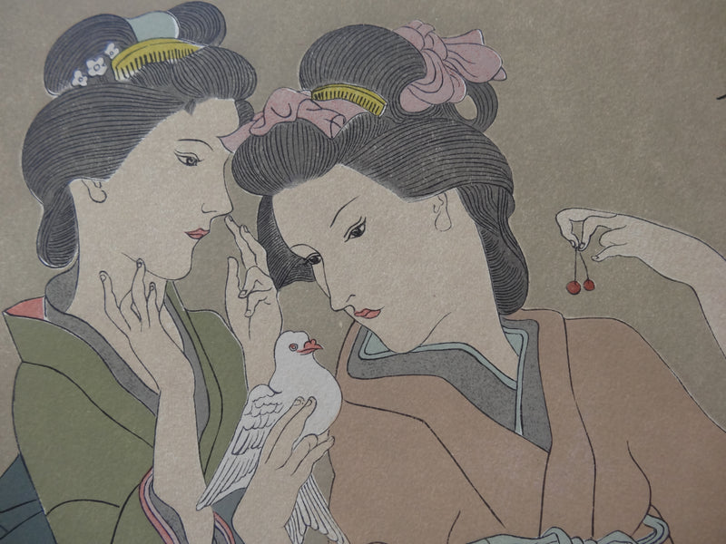 Léonard Tsuguharu FOUJITA : Geishas à la colombe, Gravure originale (photo de détail 3) - Crédit photo : Galerie Art.Paris