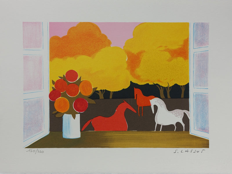 Serge LASSUS : Chevaux en automne, Lithographie originale signée