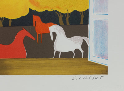 Serge LASSUS : Chevaux en automne, Lithographie originale signée