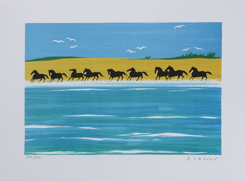 Serge LASSUS : Chevaux sauvages sur la plage, Lithographie originale signée