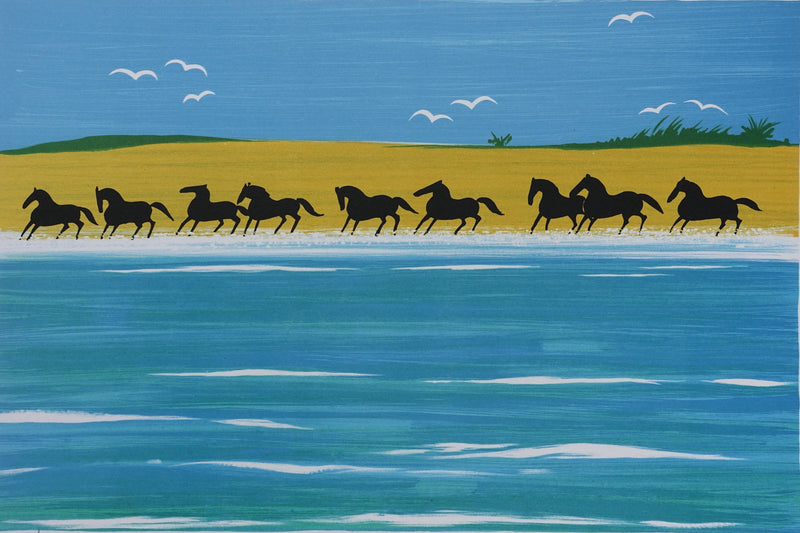 Serge LASSUS : Chevaux sauvages sur la plage, Lithographie originale signée