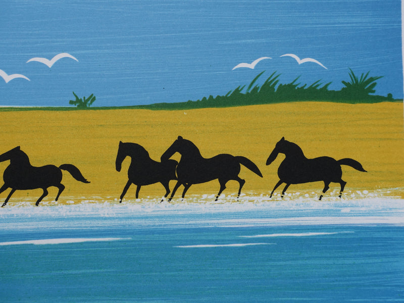 Serge LASSUS : Chevaux sauvages sur la plage, Lithographie originale signée