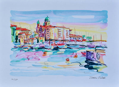 Olivier ZLADKU : Vieux port de Saint Tropez, Lithographie originale (vue générale) - Crédit photo : Galerie Art.Paris