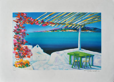 Serge FENECH : Petite table à Santorin, Lithographie originale (vue générale) - Crédit photo : Galerie Art.Paris