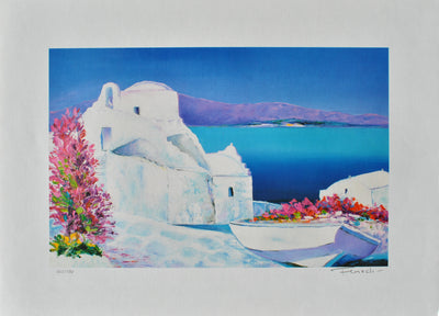 Serge FENECH : Barque fleurie à Santorin, Lithographie originale (vue générale) - Crédit photo : Galerie Art.Paris