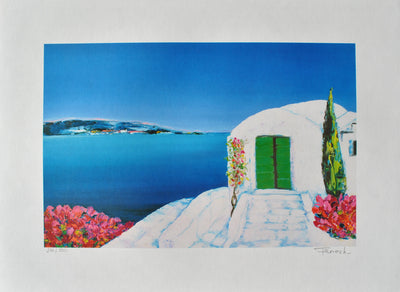 Serge FENECH : Petite porte verte à Santorin, Lithographie originale (vue générale) - Crédit photo : Galerie Art.Paris