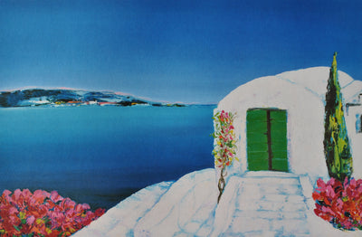 Serge FENECH : Petite porte verte à Santorin, Lithographie originale (photo de détail 2) - Crédit photo : Galerie Art.Paris