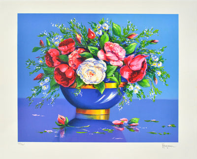 Alain RAGARU : Vase bleu fleuri, Lithographie originale (vue générale) - Crédit photo : Galerie Art.Paris