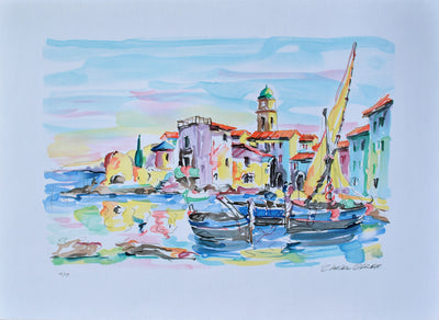 Olivier ZLADKU : Bateaux de pêche à St Tropez, Lithographie originale (vue générale) - Crédit photo : Galerie Art.Paris