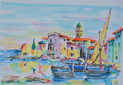 Olivier ZLADKU : Bateaux de pêche à St Tropez, Lithographie originale (photo de détail 2) - Crédit photo : Galerie Art.Paris