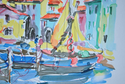 Olivier ZLADKU : Bateaux de pêche à St Tropez, Lithographie originale (photo de détail 5) - Crédit photo : Galerie Art.Paris