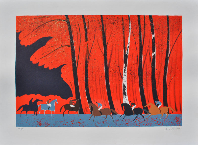 Serge LASSUS : Cavaliers et forêt flamboyante, Lithographie originale signée