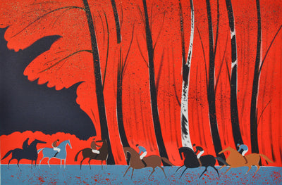 Serge LASSUS : Cavaliers et forêt flamboyante, Lithographie originale (photo de détail 2) - Crédit photo : Galerie Art.Paris