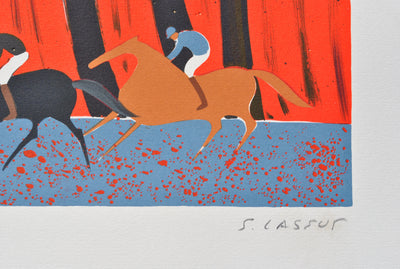 Serge LASSUS : Cavaliers et forêt flamboyante, Lithographie originale (photo de détail 3) - Crédit photo : Galerie Art.Paris