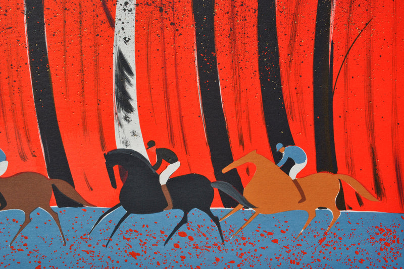 Serge LASSUS : Cavaliers et forêt flamboyante, Lithographie originale signée