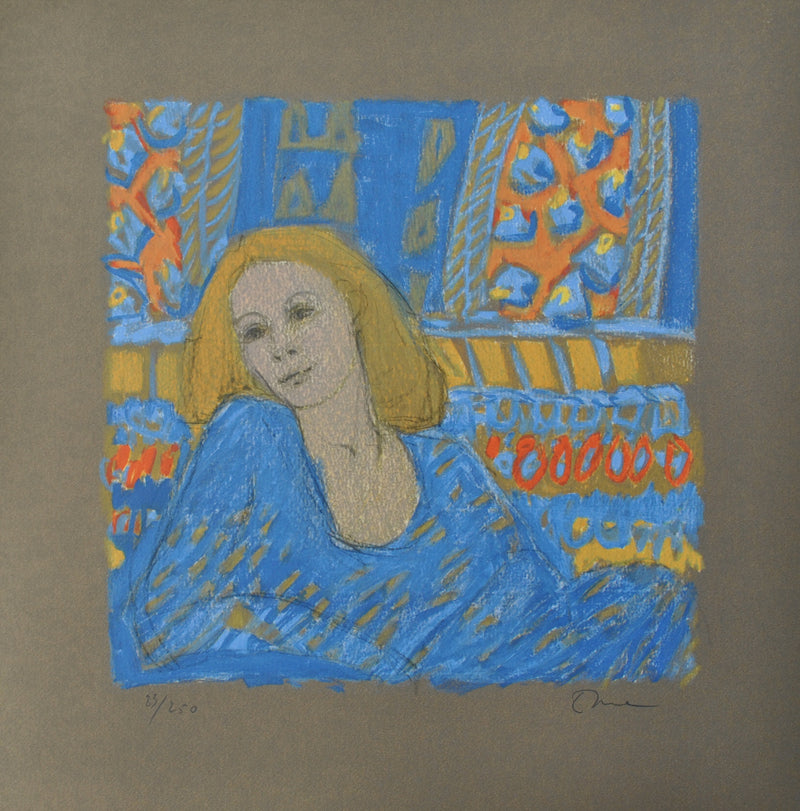  robert STENN : Femme rousse en robe bleue, Lithographie originale (vue générale) - Crédit photo : Galerie Art.Paris