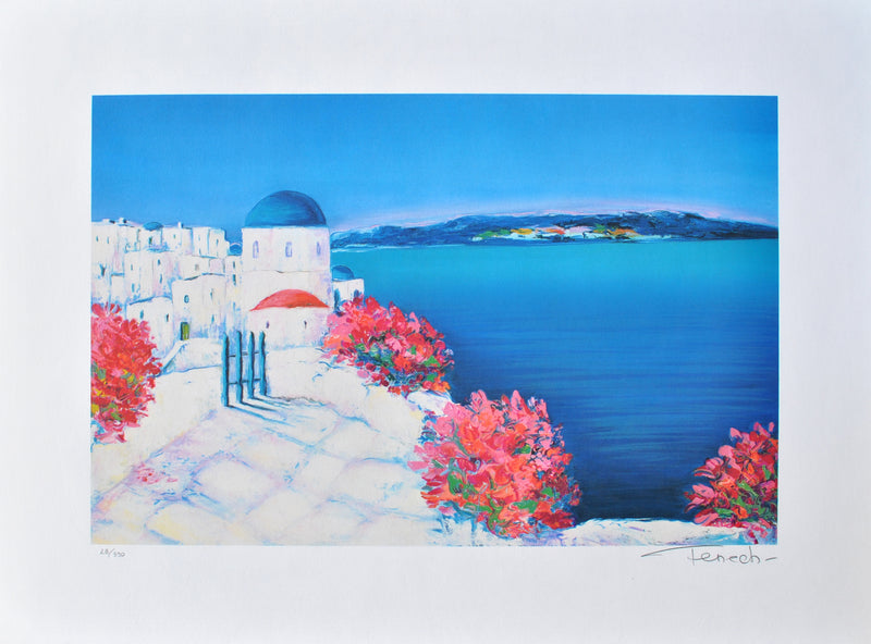 Serge FENECH : Passage fleuri à Santorin, Lithographie originale (vue générale) - Crédit photo : Galerie Art.Paris