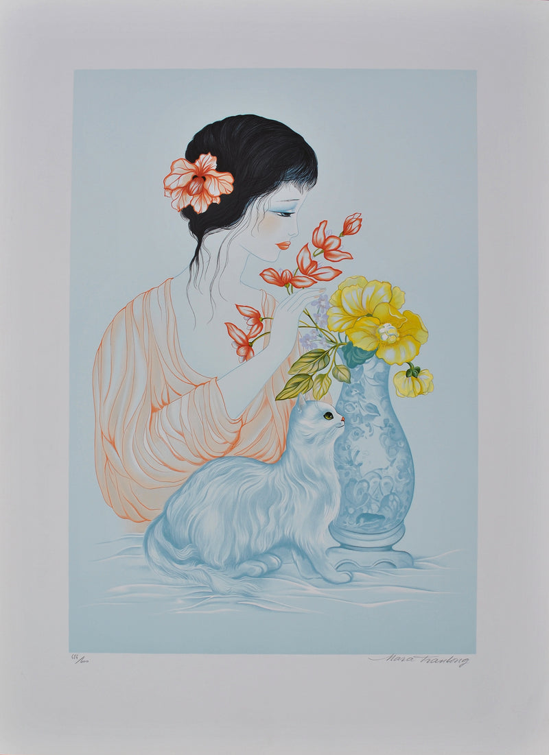 Mara TRAN-LONG : Geisha, vase fleuri et chat, Lithographie originale signée