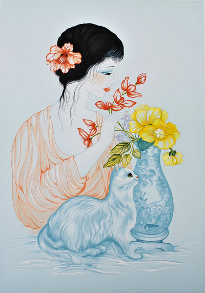 Mara TRAN LONG : Geisha, vase fleuri et chat, Lithographie originale (photo de détail 2) - Crédit photo : Galerie Art.Paris