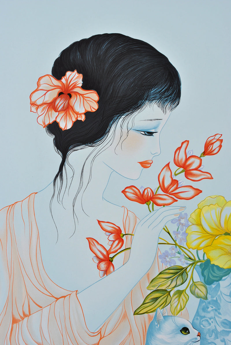 Mara TRAN LONG : Geisha, vase fleuri et chat, Lithographie originale (photo de détail 7) - Crédit photo : Galerie Art.Paris