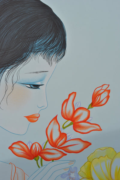 Mara TRAN LONG : Geisha, vase fleuri et chat, Lithographie originale (photo de détail 8) - Crédit photo : Galerie Art.Paris