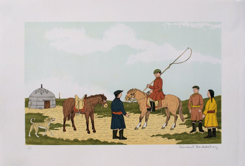 Vincent HADDELSEY : Le cavalier mongol, Lithographie originale signée