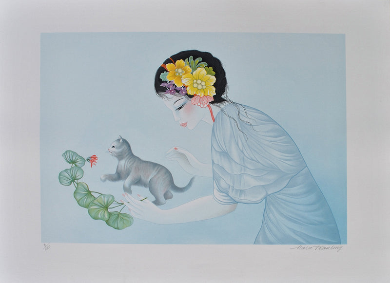 Mara TRAN LONG : Geisha au chaton, Lithographie originale (vue générale) - Crédit photo : Galerie Art.Paris