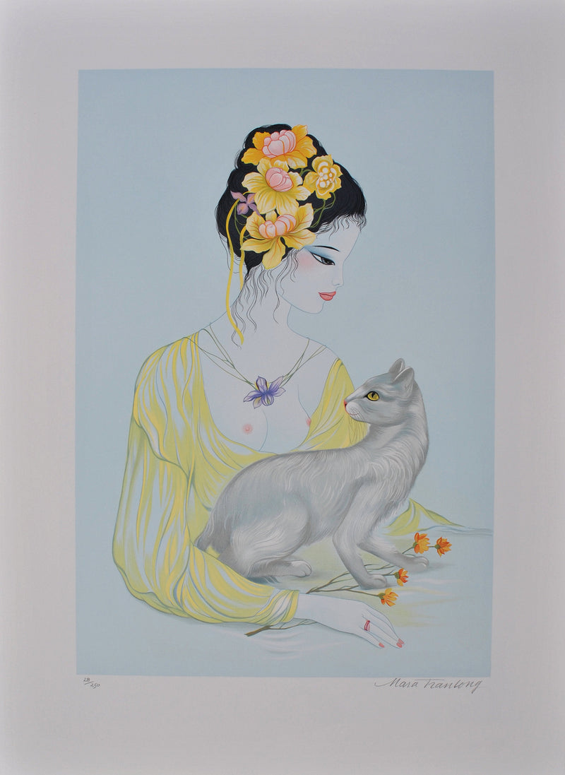 Mara TRAN LONG : Geisha et son chat chartreux, Lithographie originale (vue générale) - Crédit photo : Galerie Art.Paris