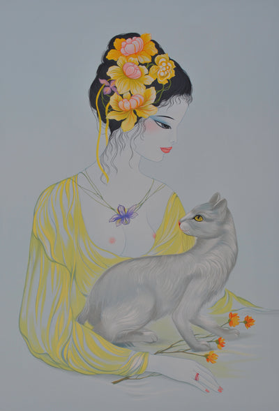 Mara TRAN LONG : Geisha et son chat chartreux, Lithographie originale (photo de détail 2) - Crédit photo : Galerie Art.Paris