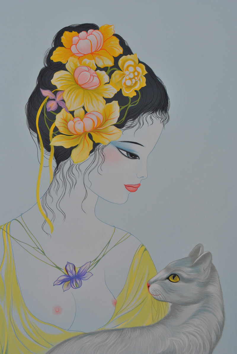 Mara TRAN LONG : Geisha et son chat chartreux, Lithographie originale (photo de détail 5) - Crédit photo : Galerie Art.Paris