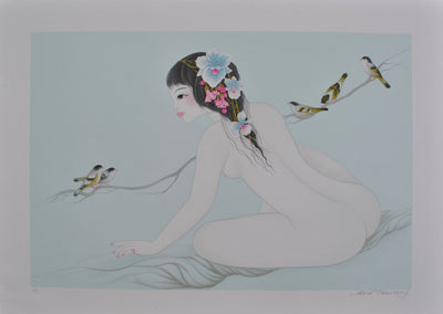 Mara TRAN LONG : Geisha aux oiseaux, Lithographie originale (vue générale) - Crédit photo : Galerie Art.Paris