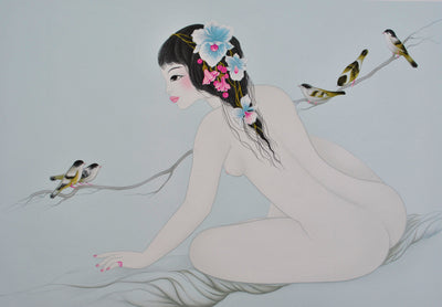 Mara TRAN LONG : Geisha aux oiseaux, Lithographie originale (photo de détail 2) - Crédit photo : Galerie Art.Paris