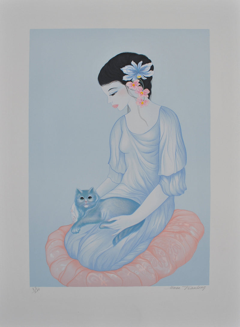 Mara TRAN-LONG : Geisha et son chat, Lithographie originale signée